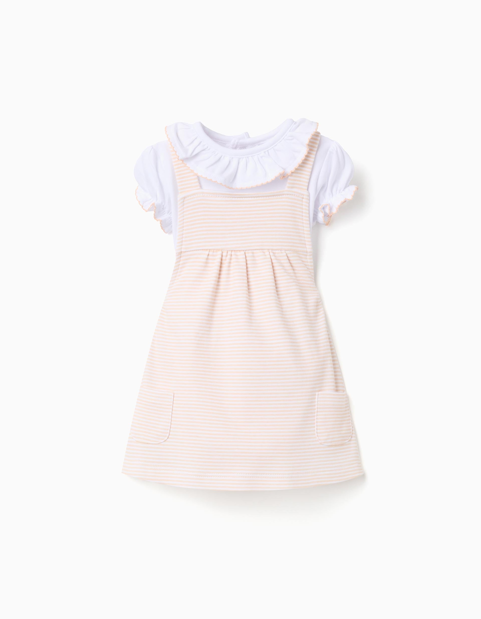 Bodysuit + striped pinafore dress for newborn girls, white/yellow