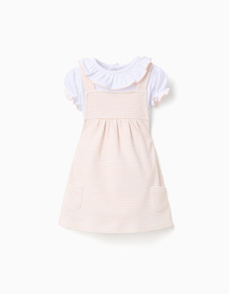 Bodysuit + striped pinafore dress for newborn girls, white/yellow