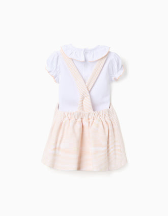 Bodysuit + striped pinafore dress for newborn girls, white/yellow