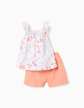 Sleeveless top + shorts in cotton for baby girls, white/orange