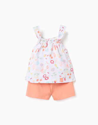 Sleeveless top + shorts in cotton for baby girls, white/orange