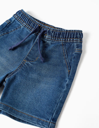 Midi denim pull-up shorts with drawstring for baby boys, blue