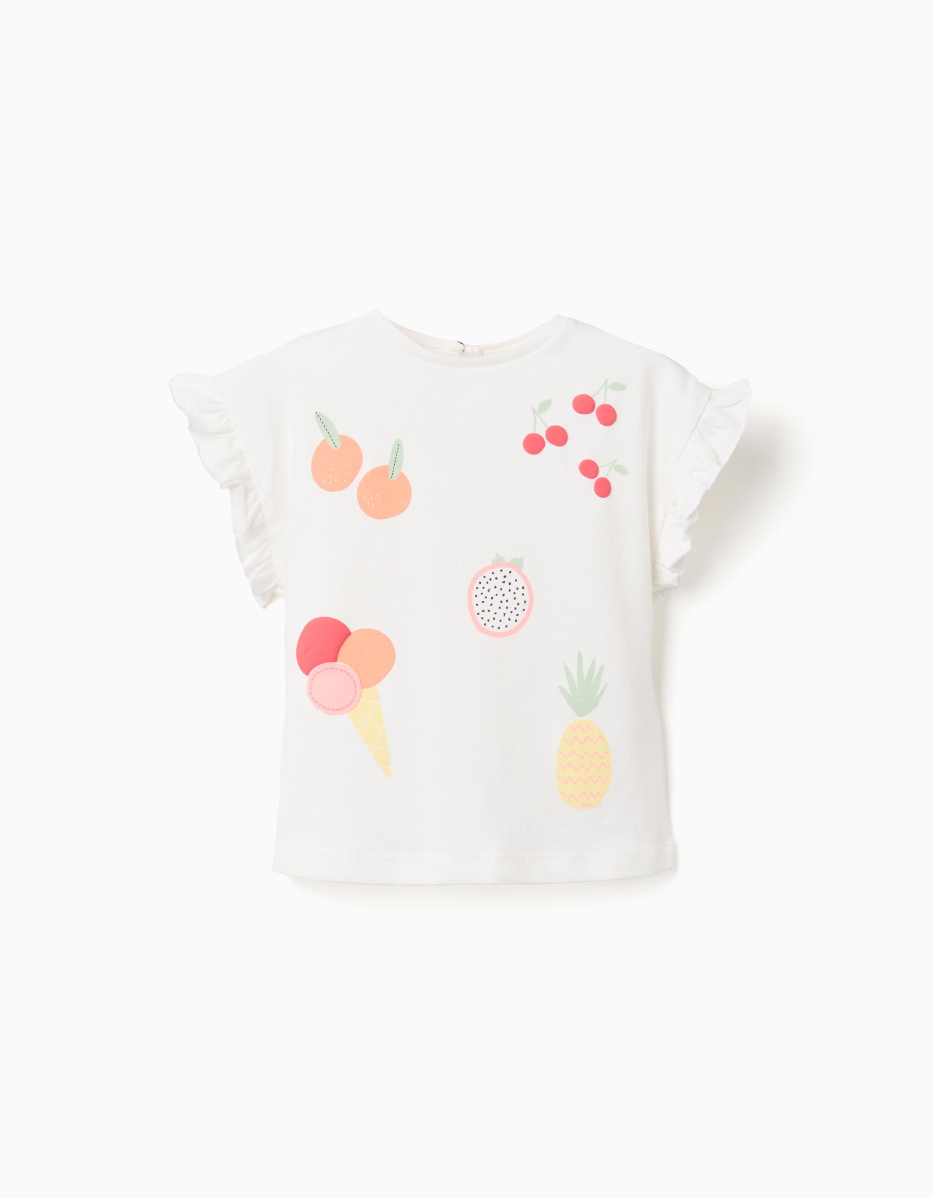 Cotton T-shirt with fruit and ice cream print for baby girls, white
