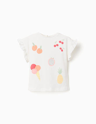 Camiseta de algodón con estampado de fruta y helado para bebé niña, blanco
