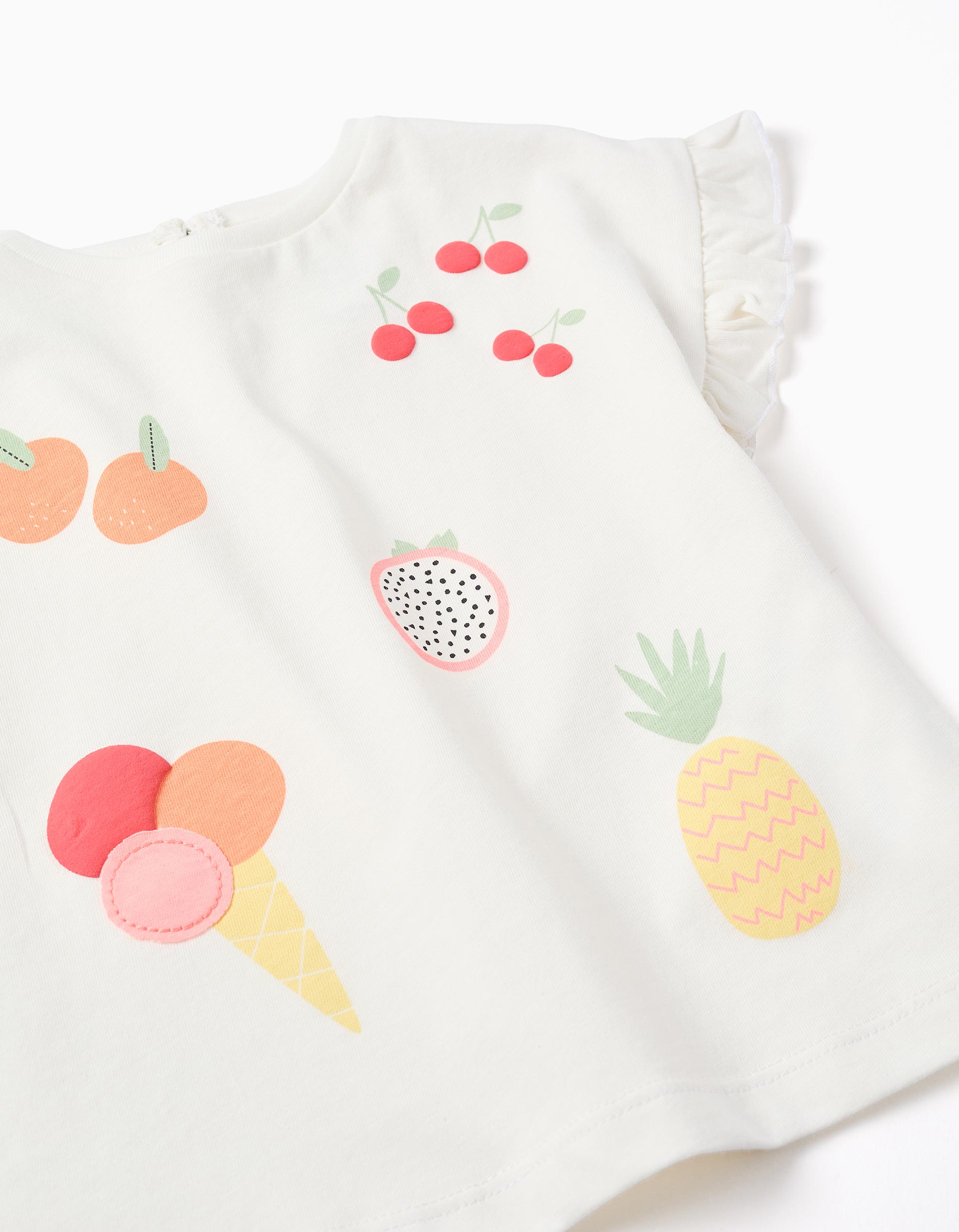 Cotton T-shirt with fruit and ice cream print for baby girls, white