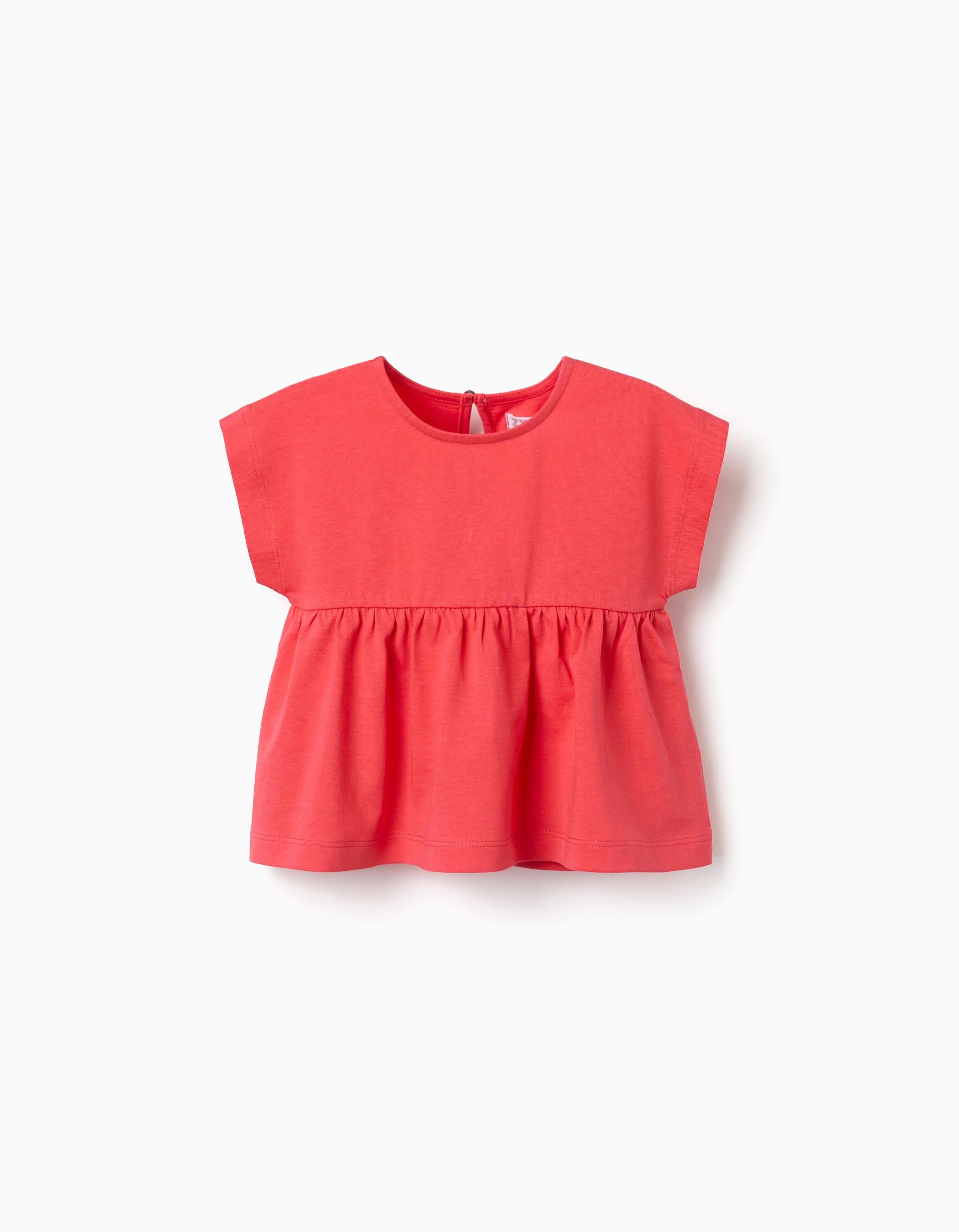 Cotton T-shirt with ruffled hem for baby girls, coral