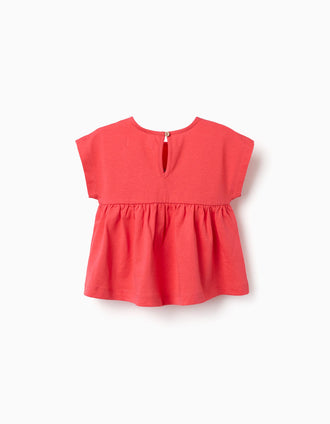 Cotton T-shirt with ruffled hem for baby girls, coral