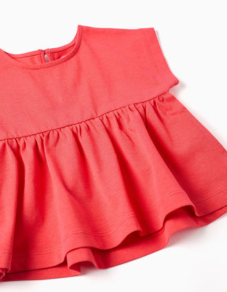 Cotton T-shirt with ruffled hem for baby girls, coral