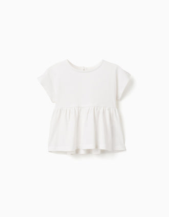 Camiseta de algodón con dobladillo con volantes para bebé niña, blanco