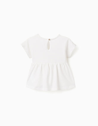 Camiseta de algodón con dobladillo con volantes para bebé niña, blanco