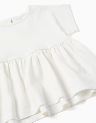 Camiseta de algodón con dobladillo con volantes para bebé niña, blanco