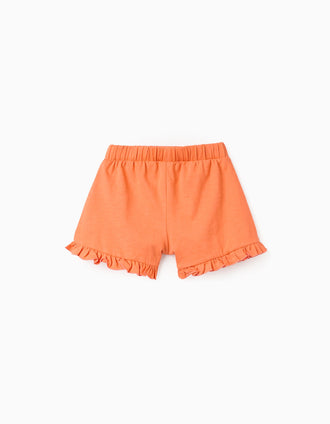 Cotton shorts with elastic waist and ruffles for girls, orange