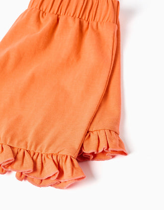 Cotton shorts with elastic waist and ruffles for girls, orange