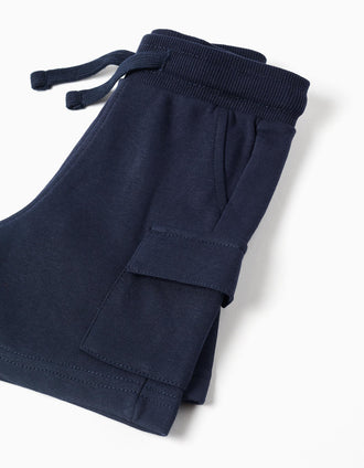 Pantalón corto cargo de felpa con cordón para bebé niño, azul oscuro