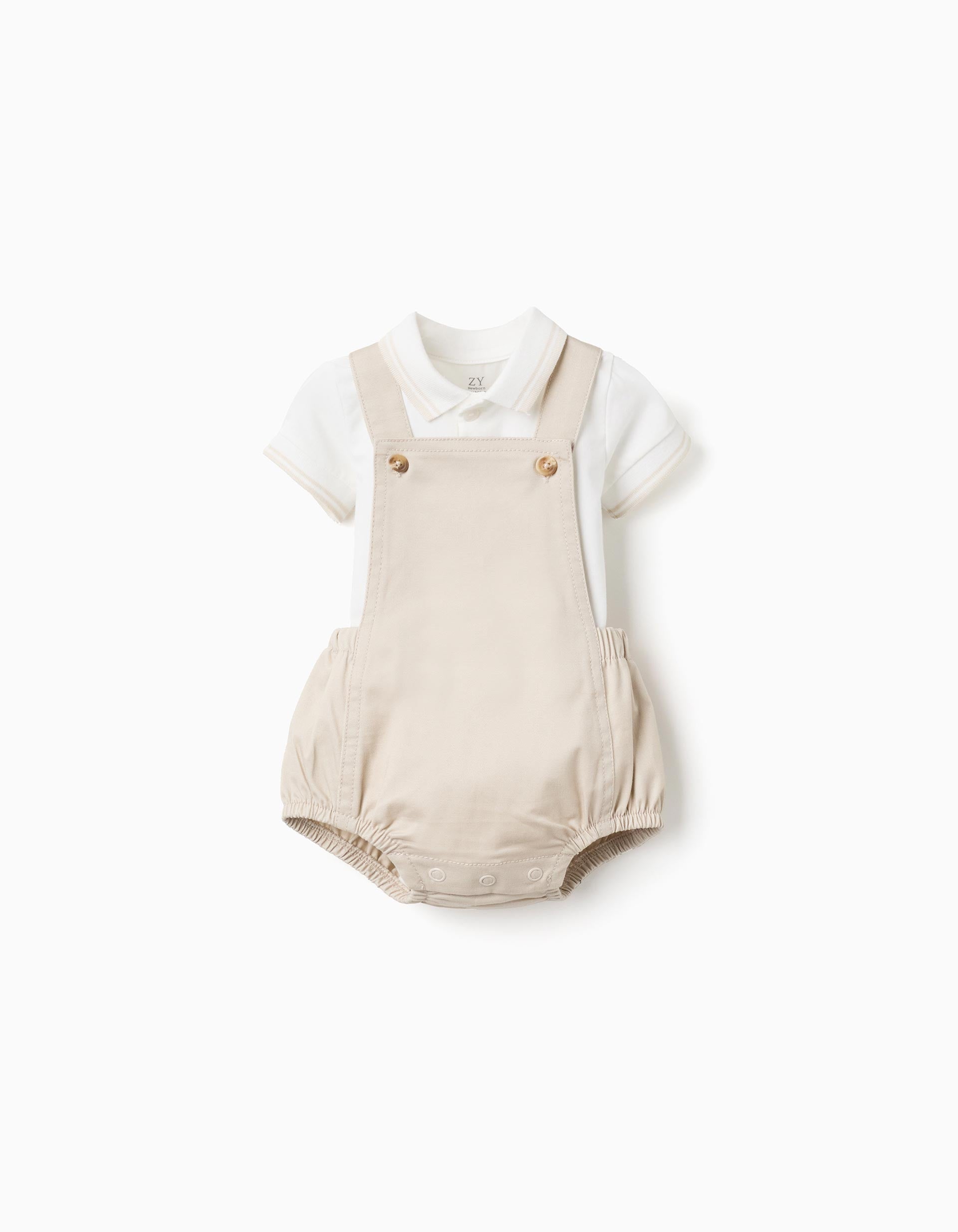 Ensemble body-polo + barboteuse en sergé pour nouveau-né, blanc/beige