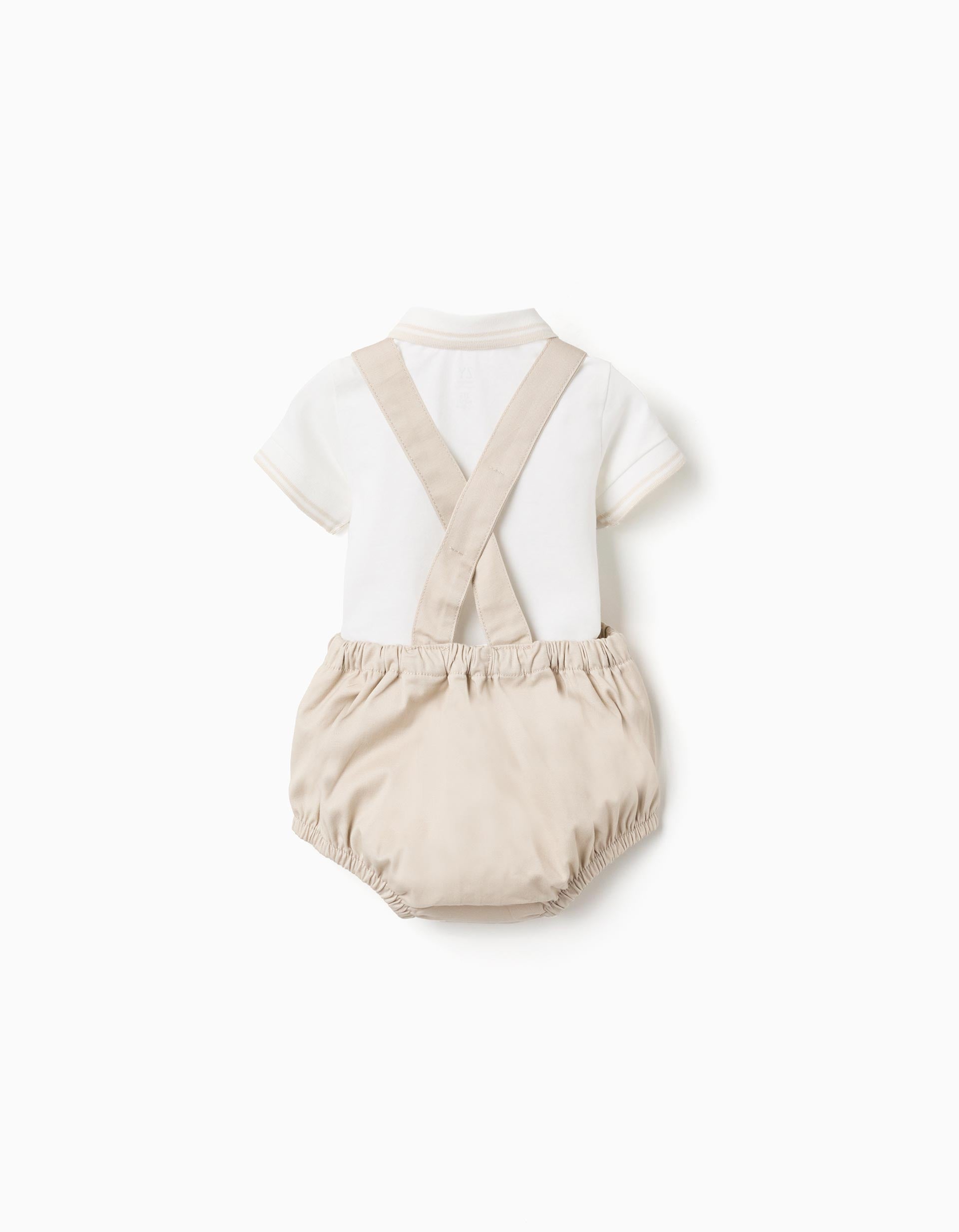 Ensemble body-polo + barboteuse en sergé pour nouveau-né, blanc/beige
