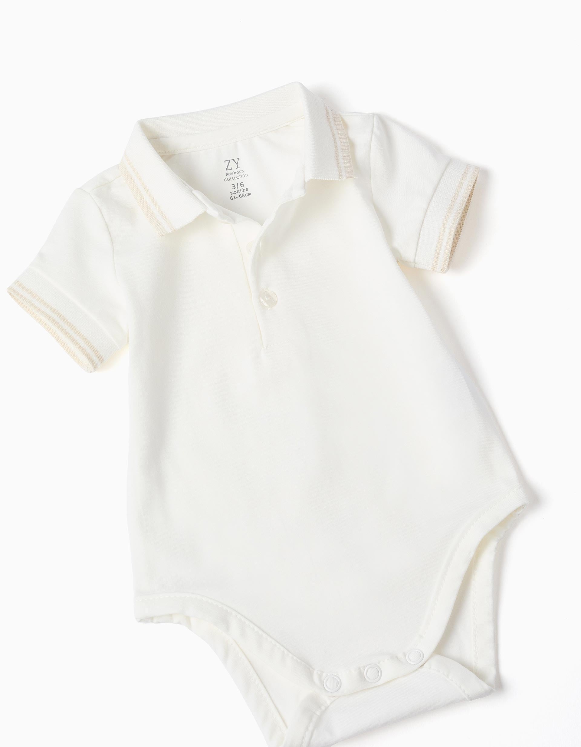 Ensemble body-polo + barboteuse en sergé pour nouveau-né, blanc/beige