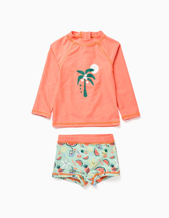 Ensemble de bain à protection UV 40+ et motif pour bébé garçon, orange/vert