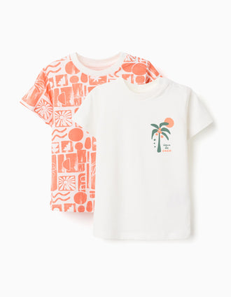 Pack of 2 cotton T-shirts with beach prints for baby boys, white/orange