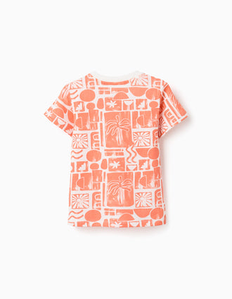Pack of 2 cotton T-shirts with beach prints for baby boys, white/orange
