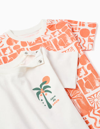 Pack of 2 cotton T-shirts with beach prints for baby boys, white/orange