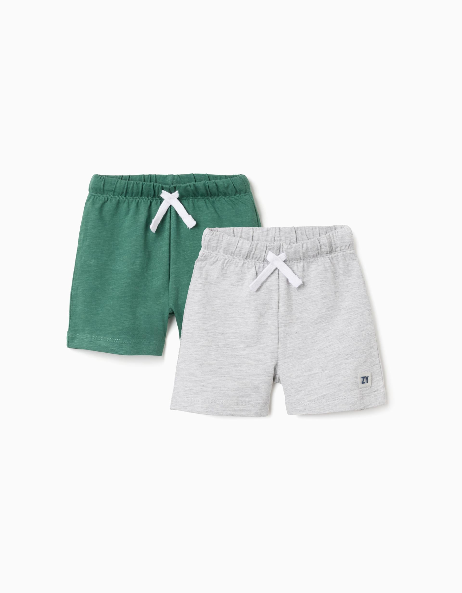 2 pantalones cortos de algodón con cordón para bebé niño, verde/gris