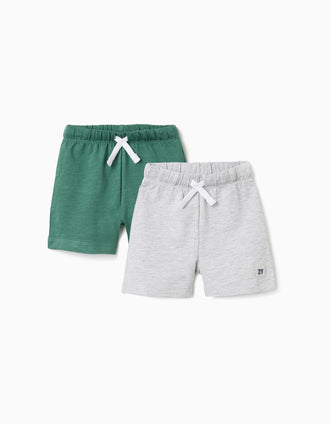 Pack of 2 cotton shorts with drawstring for baby boys, green/light grey