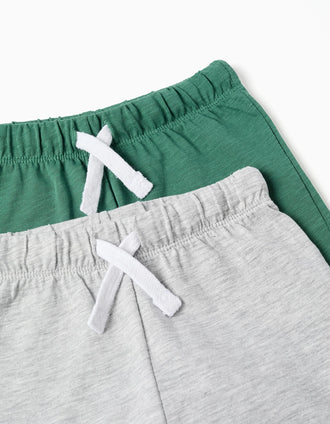 Pack of 2 cotton shorts with drawstring for baby boys, green/light grey