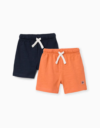 Pack of 2 cotton shorts with drawstring for baby boys, orange/dark blue