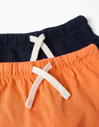 Pack of 2 cotton shorts with drawstring for baby boys, orange/dark blue