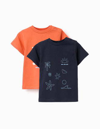 Pack of 2 cotton T-shirts with beach prints for baby boys, blue/orange