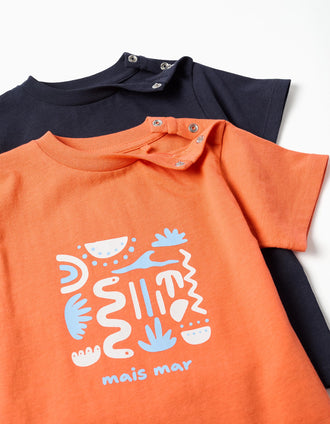 Pack of 2 cotton T-shirts with beach prints for baby boys, blue/orange