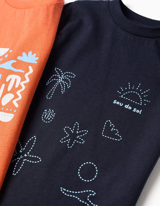 Pack of 2 cotton T-shirts with beach prints for baby boys, blue/orange