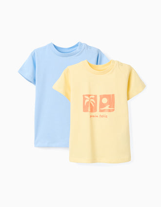 Pack of 2 cotton T-shirts with summery prints for baby boys, blue/yellow