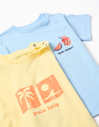 Pack of 2 cotton T-shirts with summery prints for baby boys, blue/yellow