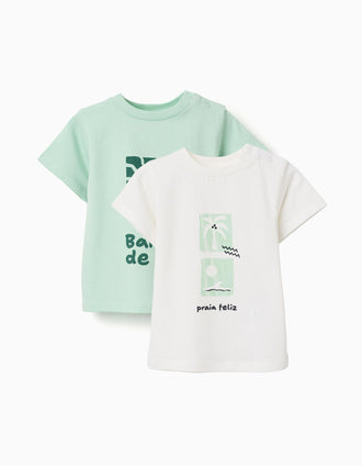 Pack of 2 cotton T-shirts with beach prints for baby boys, white/green