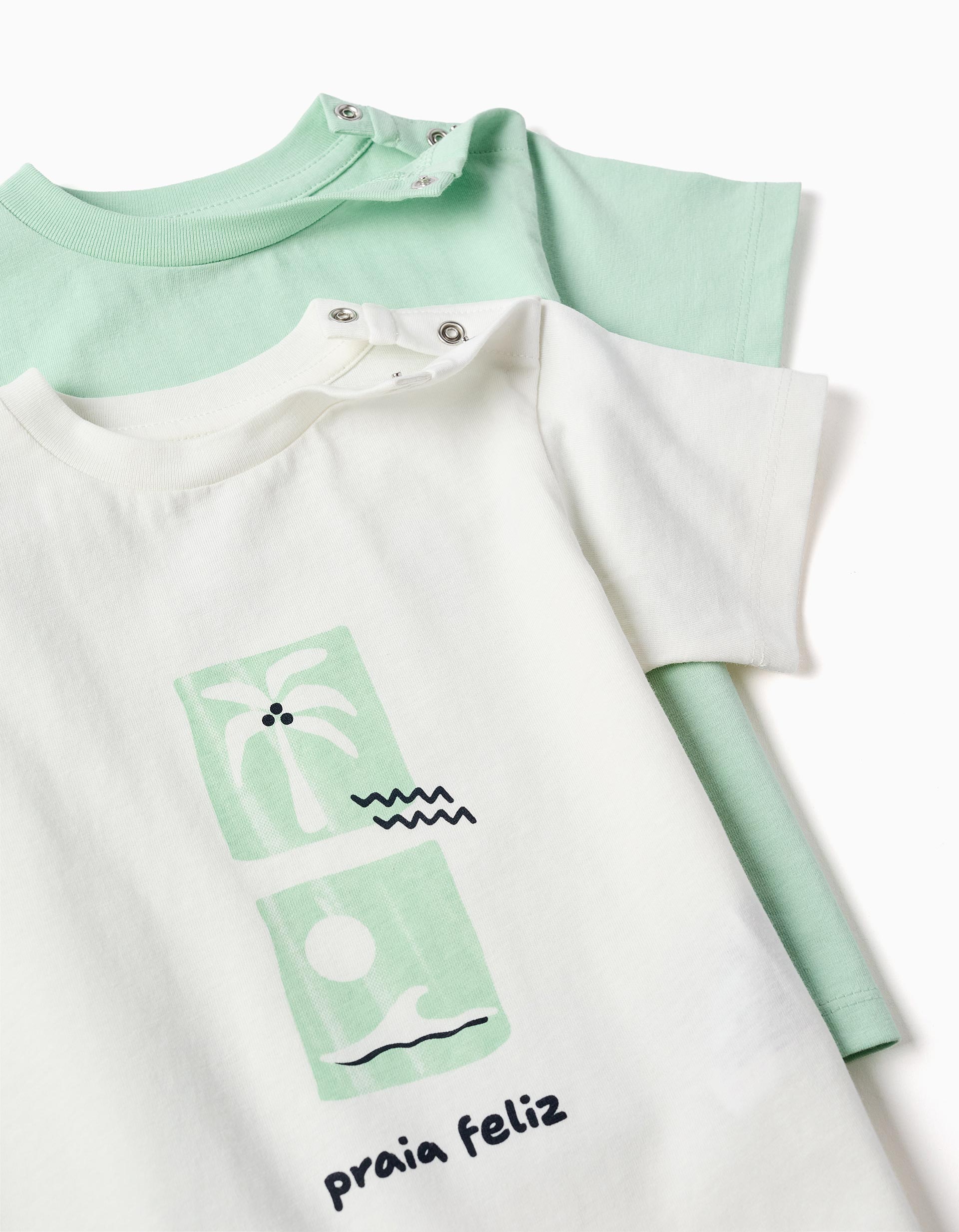 2 camisetas de algodón con estampados de playa para bebé niño, blanco/verde