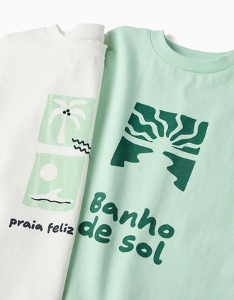 Pack of 2 cotton T-shirts with beach prints for baby boys, white/green