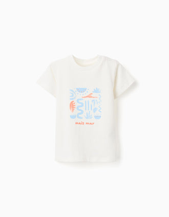 Cotton T-shirt with Mais Mar print for baby boys, white