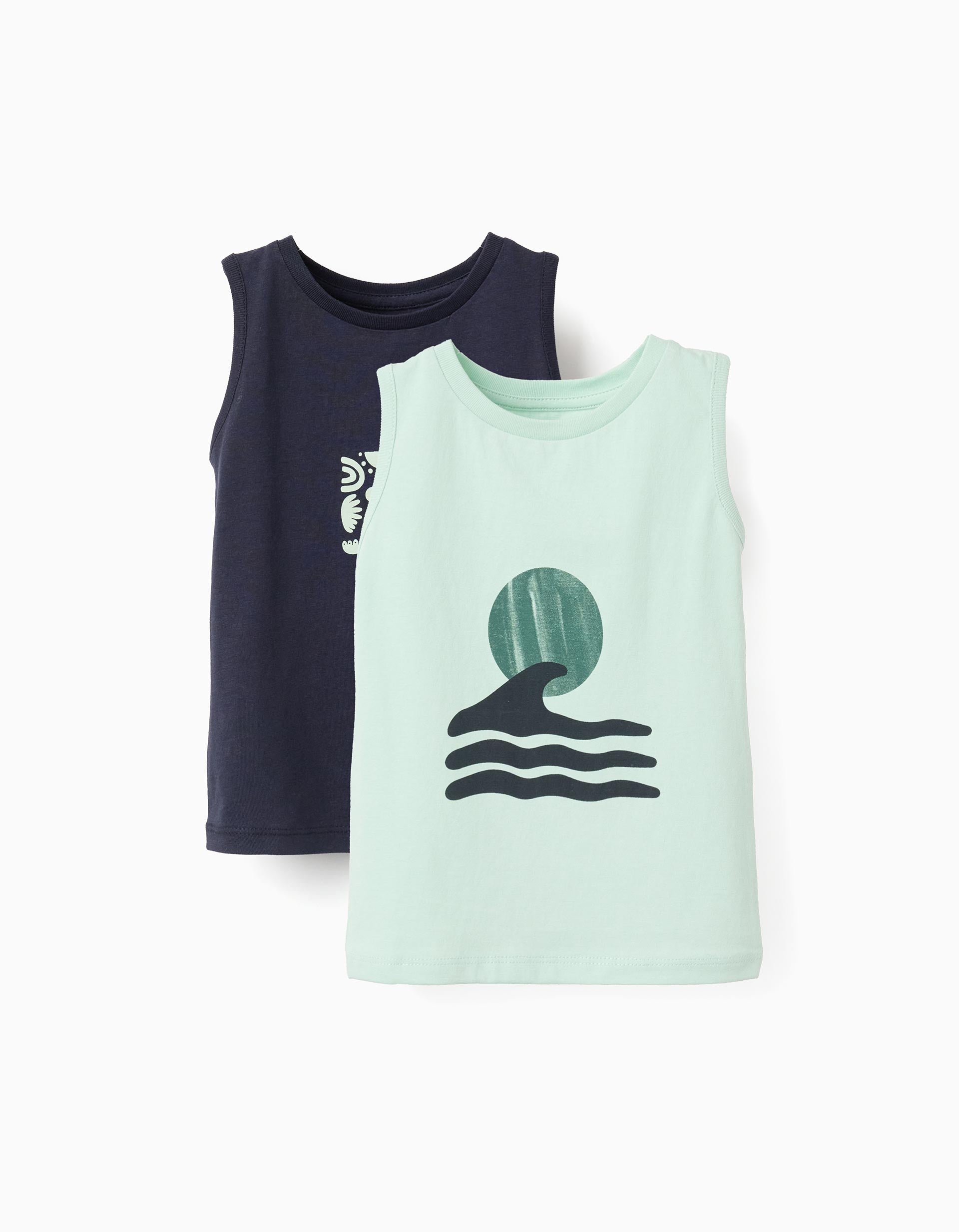 2 camisetas sin mangas con estampados para bebé niño, azul/verde