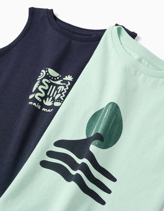 Pack of 2 cotton tank tops with beach prints for baby boys, blue/green