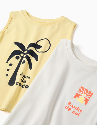 Pack of 2 cotton tank tops with beach prints for baby boys, yellow/white