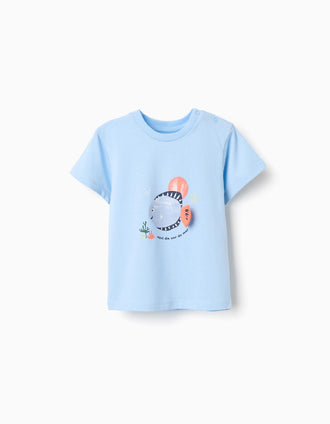 Cotton T-shirt with 3D fish print for baby boys, light blue