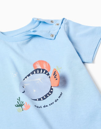 Cotton T-shirt with 3D fish print for baby boys, light blue
