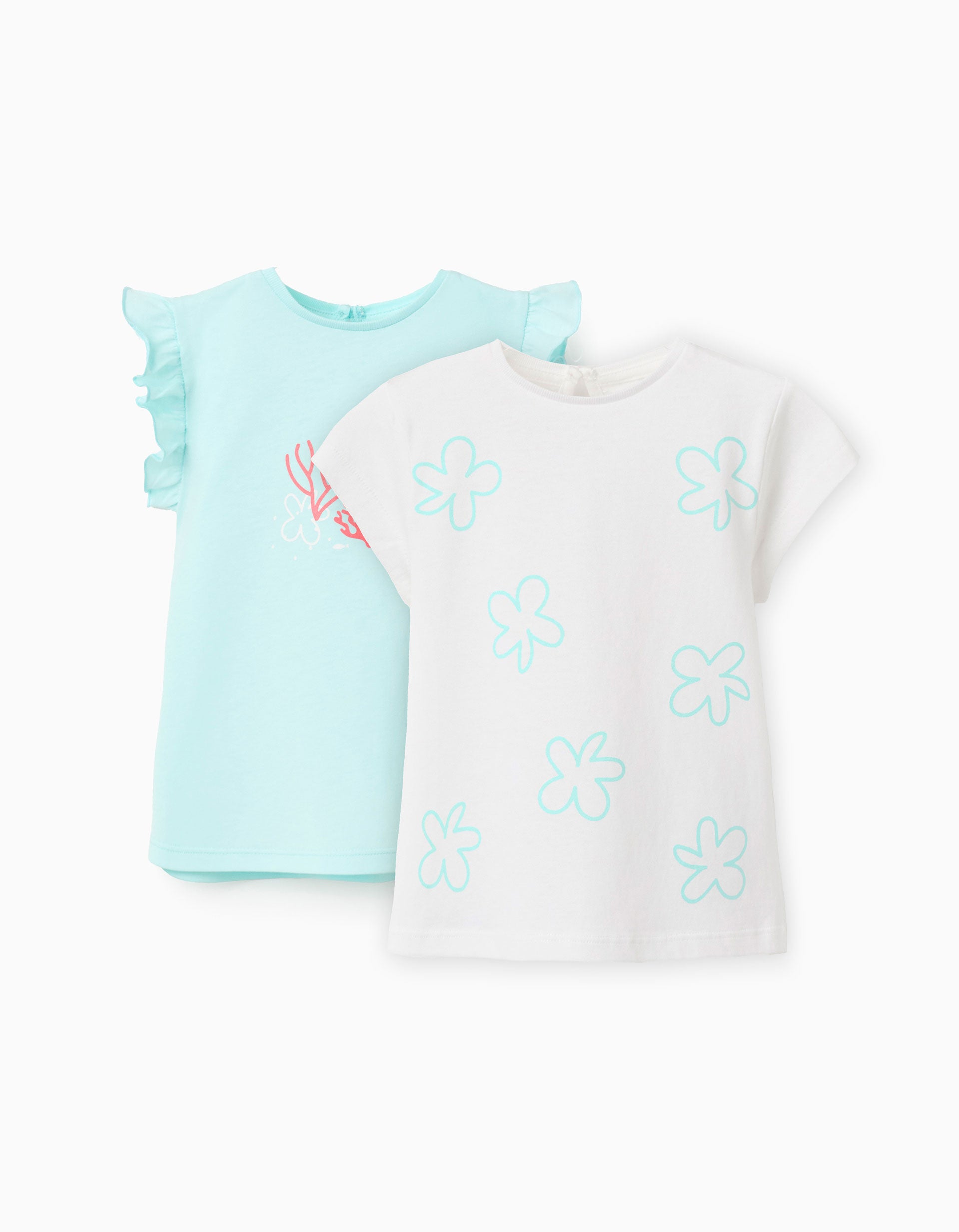 Pack of 2 cotton T-shirts with summery prints for baby girls, white/blue