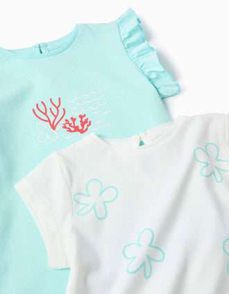Pack of 2 cotton T-shirts with summery prints for baby girls, white/blue