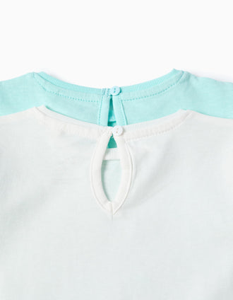 Pack of 2 cotton T-shirts with summery prints for baby girls, white/blue