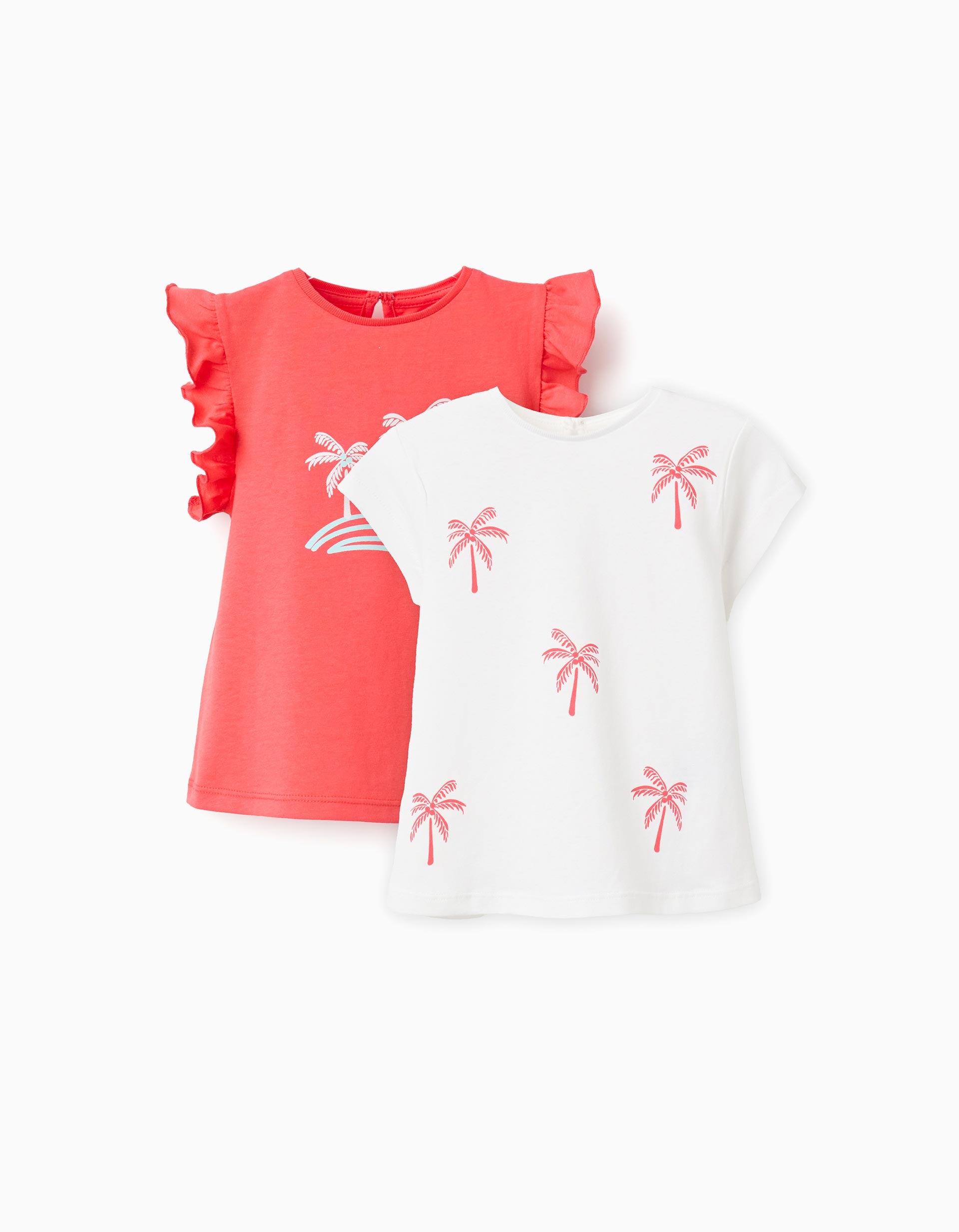 2 T-shirts de algodão com palmeiras para bebé menina, branco/coral