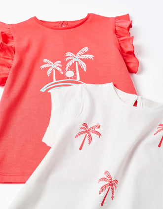 2 camisetas de algodón con palmeras estampadas para bebé niña, blanco/coral