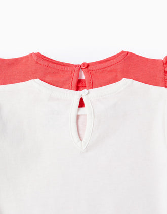 2 camisetas de algodón con palmeras estampadas para bebé niña, blanco/coral